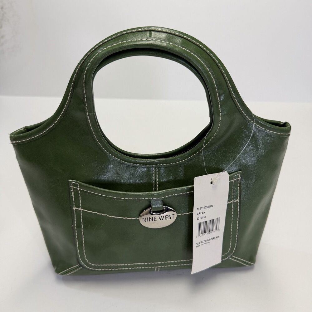 NINE WEST Vintage Subway Shoppers Mini Faux Leather Hand Bag Purse Green Y2K NWT